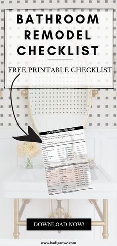 bathroom remodel checklist with the text free printable checklist below it