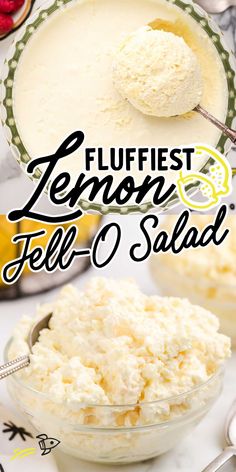 a close up of a bowl of feta cheese with the text flufffest lemon feta salad