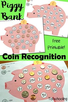 piggy bank printable coin recognition game for kids to practice counting and sorting coins