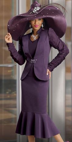 Saw a similar church suit at http://www.womensuitsupto34.com/ Purple Suit, Ladies Hats, Red Hat Society, Black Church, Crazy Hats