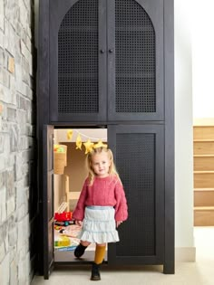 Jasmine loves incorporating hidden storage into her projects. Here, she turned an under-the-stairs nook into a play space for Hazel, with a door that looks like a hutch. Hidden Door Playroom, Closet Turned Into Playroom, Stair Closet Playroom, Under Stairs Hidden Door, Under Stairs Kids Nook, Kids Nook Under Stairs, Under Stairs Toy Storage, Under Stairs Kids Space, Under The Stairs Kids Space