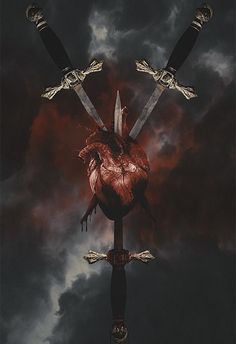 a heart with two swords sticking out of it's center surrounded by blood clouds