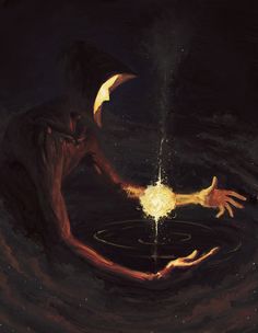 a painting of two hands reaching for something in the water with an orange light coming from it