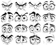 cartoon eyes with different facial expressions and hair styles, drawn in black ink on white paper