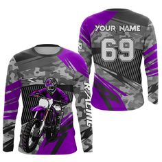 Specially designed for proud bikers. Let's wear this awesome jersey shirt and be bold. PERSONALIZED RIDING JERSEY: This super cool shirt is exactly what all bikers are looking for. Add your name/number to make it a unique one that bears your own imprints. UPF 30+ SPF PROTECTION: Be confident on your ride with this protective jersey from harmful UVA/UVB rays. UNISEX ADULTS & KIDS: Our riding jerseys are all ideal for men, women & youth bikers. Check the size chart to find your fitted size. COMFOR Purple Sports Tops With Team Name, Custom Print Crew Neck Jersey For Streetwear, Streetwear Jersey With Custom Print And Crew Neck, Crew Neck Jersey With Custom Print For Streetwear, Sporty Crew Neck Top For Cycling, Moto Long Sleeve Sports Tops, Moto Style Long Sleeve Sports Top, Racing Style Sports Tops With Sublimation Print, Racing Jersey