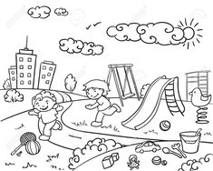 a black and white drawing of a playground in the park stock photo - 95978