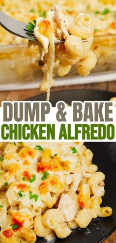 a fork is lifting up some dump and bake chicken alfredo