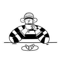 a black and white drawing of a person sitting on an inflatable raft drinking coffee