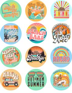 six different stickers with the words beach babe and various types of sun glasses on them