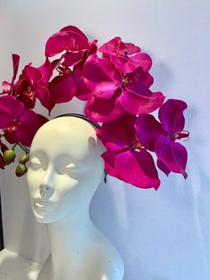 "Hot pink fascinator- Orchid headpiece -Easter- Spring headband- Wedding- Derby -Floral headpiece- Flower Hat Hi, This piece has a beautiful petal that feel so real to the touch! Each flower is 6 inches wide. The orchids look like they're climbing up a trellis. It's that is about 10 inches high and 14 inches wide. The back is finished with hand wrapped ribbon. Its all placed on the top of a 1/2\" satin covered headband that fits any head size, very comfortable and adjustable and bendable to fit Pink Party Headpiece With Flower Decoration, Orchid Headpiece, Spring Headband, Headpiece Flower, Pink Fascinator, Orchid Color, Mask Masquerade, Headband Wedding, Flower Hat