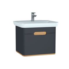 an image of a bathroom sink in grey and white with wooden accents on the side