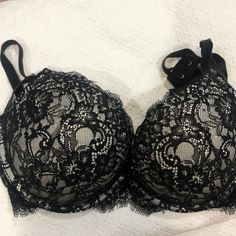 Never Worn And Great Condition Black Lace Push Up Bra With Adjustable Straps And Rhinestones. Size 36d Black Push-up Bra With Lace Closure, Black Lace Closure Push-up Bra, Elegant Party Bra By Victoria's Secret, Victoria's Secret Elegant Party Bra, Black Lace Bra For Night Out, Elegant Lace Bra For Night Out, Elegant Victoria's Secret Party Bra, Black Underwire Bra With Lace Trim, Black Lace Party Bra