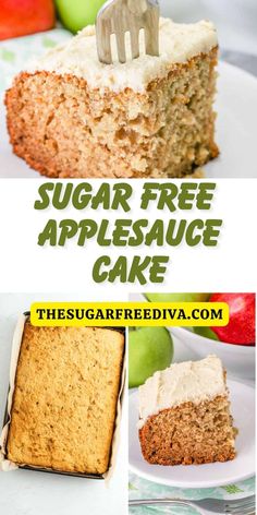 a collage of pictures showing different types of cake and the words, sugar free appleauce cake