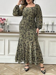 Plus Size Elegant Floral Full Print Dress, Spring & Autumn, Elegant Luxury Party Night Dress Autumn Winter Elegant, Long Dresses Multicolor Elegant  Long Sleeve Fabric Floral,Plants,All Over Print Bodycon Medium Stretch  Women Plus Clothing, size features are:Bust: ,Length: ,Sleeve Length: Luxury Party Night, Holiday Dresses Christmas, Party Night Dress, Elegant Long Dresses, Luxury Party, Plus Size Elegant, Dress Autumn, Dress Spring, Long Sleeve Floral Dress