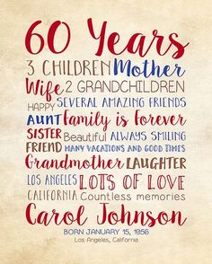 an old poster with the words 60 years written in red and blue on parchment paper