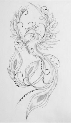 a drawing of a bird with swirls and leaves on it's back side