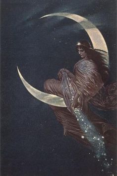 a painting of a woman sitting on the moon