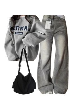 Outfit:Korean Baggy Denim Pants+Oversized Normal Graphic Sweatshirt+Large Capacity Solid Black Shoulder Bag - Outfit Street Style Outfits Casual, Adrette Outfits, Baggy Clothes, Baggy Denim, Outfit Inspo Casual, Cute Lazy Day Outfits, Tomboy Style Outfits, Cute Everyday Outfits, Really Cute Outfits