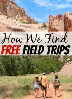 two people walking down a dirt road with the words how we find free field trips