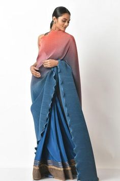 Shop for Kiran Uttam Ghosh Blue Floral Print Pleated Saree for Women Online at Aza Fashions Kiran Uttam Ghosh, Shaded Saree, Pleated Saree, On The Border, Blue Saree, Blue Coral, Mix Color, Sarees Online, Blouse Piece