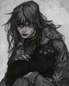 a drawing of a woman holding a black cat with green eyes and long hair, in front of a gray background