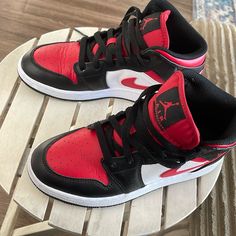 Preowned Air Jordans In Great Condition. Size 5y. Jordan 1 Mid Chicago Black Toe, Jordan 1 Mid Chicago, Shoes Jordan 1, Shoes Jordan, Womens Jordans, Jordan 1 Mid, Jordan Shoes, Jordan 1, Womens Shoes Sneakers