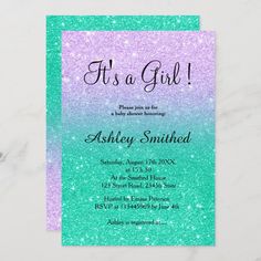 purple and green glitter baby shower it's a girl card