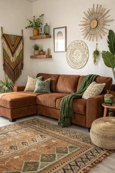 a living room with brown couches and rugs on the floor next to potted plants