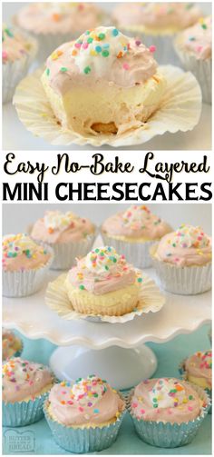 easy no - bake layered mini cheesecakes with frosting and sprinkles