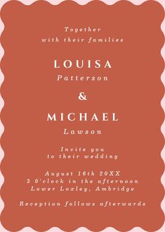 an orange and white wedding card with scalloped border on the front, in black ink