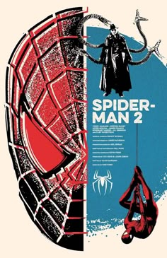 the poster for spider - man 2 is shown in red and blue, with an image of