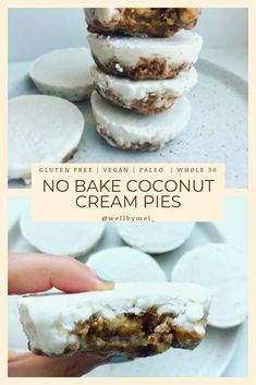 no bake coconut cream pies are stacked on top of each other