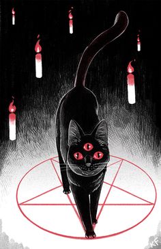 a black cat with red eyes walking through a pentagramus like pattern on the floor