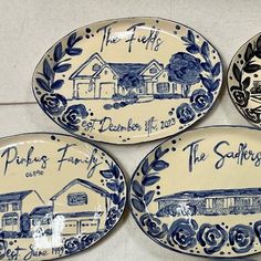 four plates with blue and white designs on them, one has the words phih's family