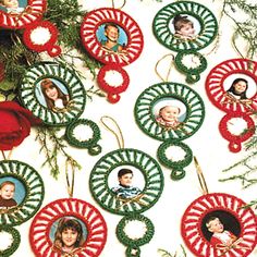 christmas ornaments with pictures of people in them