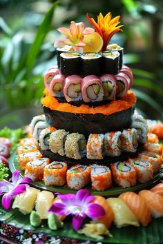 sushi is stacked on top of each other in the shape of a tower with flowers