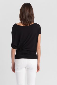 "The Elena Top is a draped dream. She features an off-center scoop neck and asymmetric sleeves with a batwing on one side while extending down effortlessly to hug your hips. Fashioned from our silky-soft, eco-friendly European jersey, Elena's ideal for all day wear and versatile enough for professional or casual. Tuck her in to create a sleek look or wear her out to show off the unique silhouette. GET THE LOOK Top: this listing Pants: Madewell | https://etsy.me/33FtwlX Shoes: https://etsy.me/3hv Chic Relaxed Fit Tops For Loungewear, Trendy Batwing Sleeve Loungewear Top, Trendy Batwing Sleeve Tops For Loungewear, Trendy Loungewear Tops With Batwing Sleeves, Summer Batwing Sleeve Top For Layering, Modern Tops For Loungewear, Chic Batwing Sleeve Tops For Loungewear, Chic Tops For Layering With Relaxed Fit, Chic Relaxed Fit Tops Made Of Modal