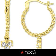 in stock Gold Diamond Earrings From Macy's As A Gift, 14k Gold Dangle Hoop Earrings With Diamond Accents, Macy's Gold Earrings With Diamond Accents, Macy's Hoop Jewelry With Diamond Accents, Dangle Hoop Earrings, Gold Plated Sterling Silver, Silver Gold, Cubic Zirconia, Gold Plate