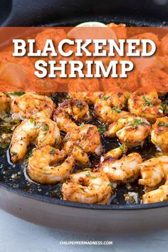 cooked shrimp in a skillet with carrots and parsley on the side text reads, blackened shrimp