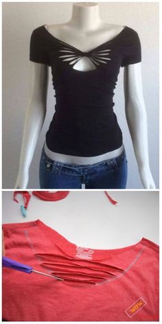 two different views of a woman's top and the same one showing how to sew