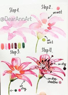 someone is holding up a watercolor painting with flowers and words written on it, including step - by - step instructions