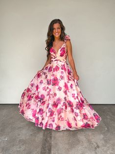 Organza Ruffle Shoulders V Neck Floral Tulle Maxi Dress -Back invisible zipper -Spaghetti strap a lace up back dressSELF: 100% POLYESTER LINING: 96% POLYESTER 4% SPANDEX Runs true to size. Model is wearing a small (34” bust, 26” waist, 35” hips, 5’6”) Bust Waist Length Sleeve Length Small 34 inches 28 inches 60 inches 4 inches Medium 36 inches 30 inches 60 inches 4 inches Large 38 inches 32 inches 60.5 inches 4 inches We measure each item from side seam to side seam, on a flat surface. Please co Feminine Ruffled Straps Prom Dress, Feminine Prom Dress With Ruffled Straps, Spring Gala Maxi Dress With Lined Bodice, Summer Gala Maxi Dress With Ruffled Straps, Spring Gala Dress With Tie Back, Flowy Dress For Gala And Prom Season, Summer Bridesmaid Lined Maxi Dress, Chiffon Sundress With Ruffled Straps, Spring Bridesmaid Dress With Ruffled Straps