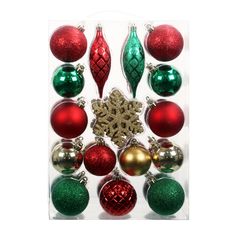 an assortment of christmas ornaments arranged in a square shape on a white background with gold, green and red baubs