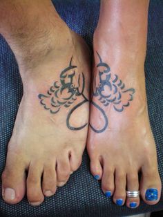 two people with matching tattoos on their feet