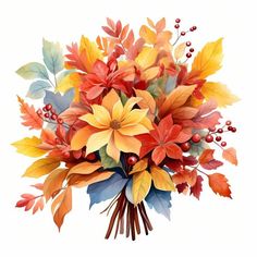 a bouquet of colorful flowers and leaves on a white background