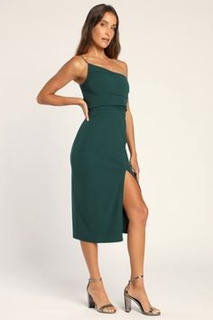 Green Floral Midi Dress - One-Shoulder Dress - Asymmetrical Dress - Lulus Square Neckline Dress, Gathered Bodice, Column Skirt, One Shoulder Midi Dress, Lulu Fashion, Bridesmaids Dress, Sophisticated Dress, Sleeveless Midi Dress, Midi Cocktail Dress