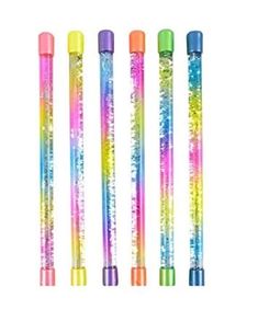 four different colored pencils with glitter on the top and bottom, one in rainbow