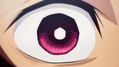 an anime character's eye with pink iris