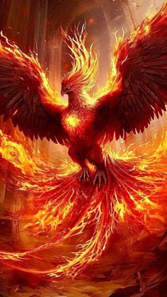 a red bird flying over a fire filled sky with flames coming out of it's wings