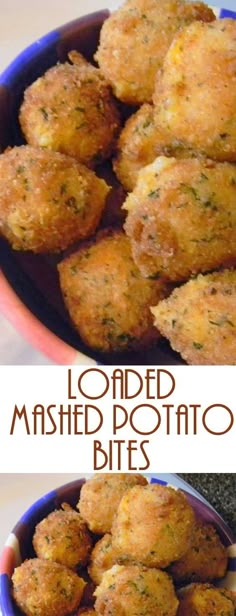 two pictures of baked mashed potato bites in a bowl with seasoning on top